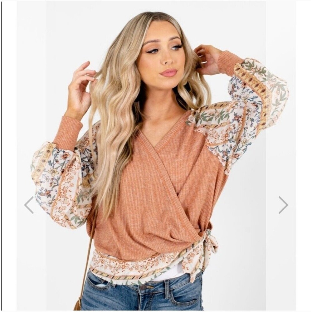 Women's Rust Wrap Blouse with Floral Balloon Sleeves